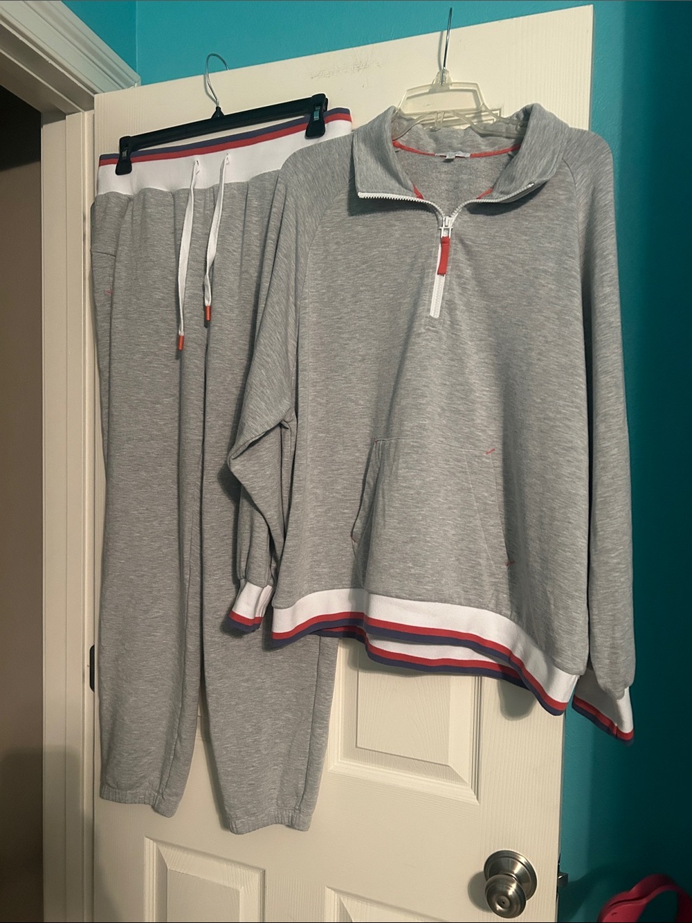Johnny Was SET Grey Track Pants & Zip Pullover with Orange  & Navy Trim